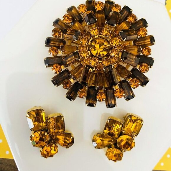 Vintage Amber & Brown Crystal Brooch & Matching Earrings Set - Picture 2 of 3